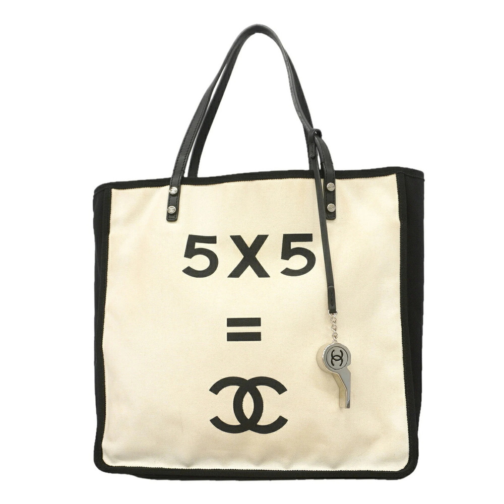 Chanel Tote Bag Let's Lemon Straight Canvas White Black Women's